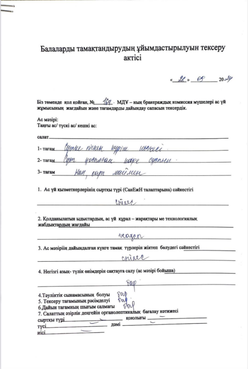 Тамақтану сапасын бракераждық тексеру 26.09.2024