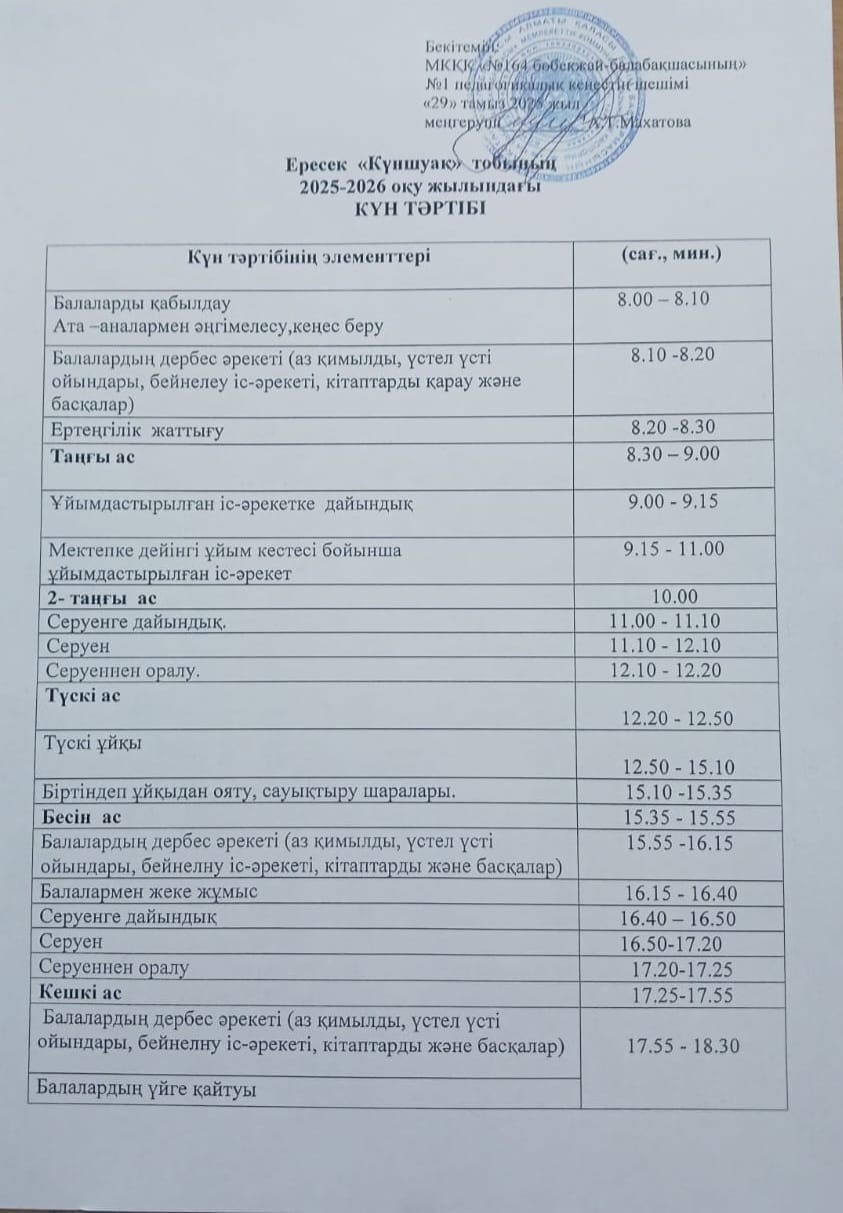Күн тәртібі ересек "Күншуақ" тобы 2025-2026 жыл